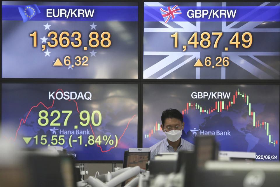 A currency trader watches monitors at the foreign exchange dealing room of the KEB Hana Bank headquarters in Seoul, South Korea, Thursday, Sept. 24, 2020. Asian shares were mostly lower Thursday as caution again after a retreat on Wall Street driven by a decline in technology shares.(AP Photo/Ahn Young-joon)