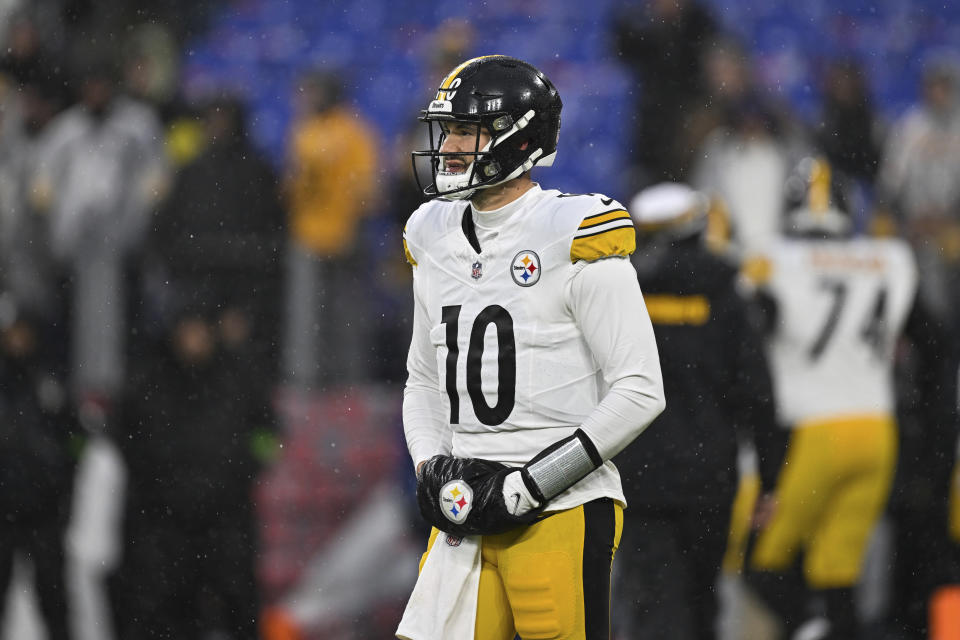 FILE - Pittsburgh Steelers quarterback Mitch Trubisky looks on during pre-game warm-ups before an NFL football game, Jan. 6, 2024, in Baltimore. Trubisky was released by the Steelers on Monday, Feb. 12, 2024, in a cost-cutting move designed to free up salary cap space going into free agency. (AP Photo/Terrance Williams, File)