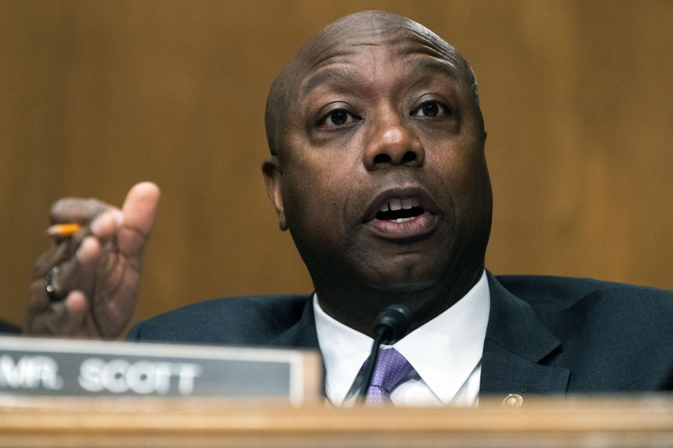 Sen. Tim Scott, R-S.C., speaks as Treasury Secretary Janet Yellen testifies before a Senate Banking, Housing, and Urban Affairs Committee hearing, Tuesday, May 10, 2022, on Capitol Hill in Washington. (Tom Williams/Pool via AP)