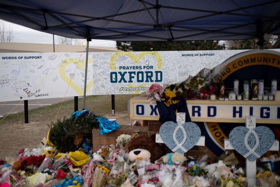 PHOTO: A board where community members can share words of support alongside the memorial outside of Oxford High School, where four students were killed and seven others injured on Nov. 30, 2021, Dec. 7, 2021 in Oxford, Mich.  (Emily Elconin/Getty Images)