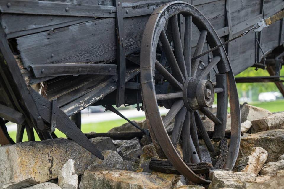 The Conestoga-type wagon at Westport Road and Southwest Trafficway, believed to be from the 1860s, is in deteriorating shape. Boards and its covering have been replaced multiple times.