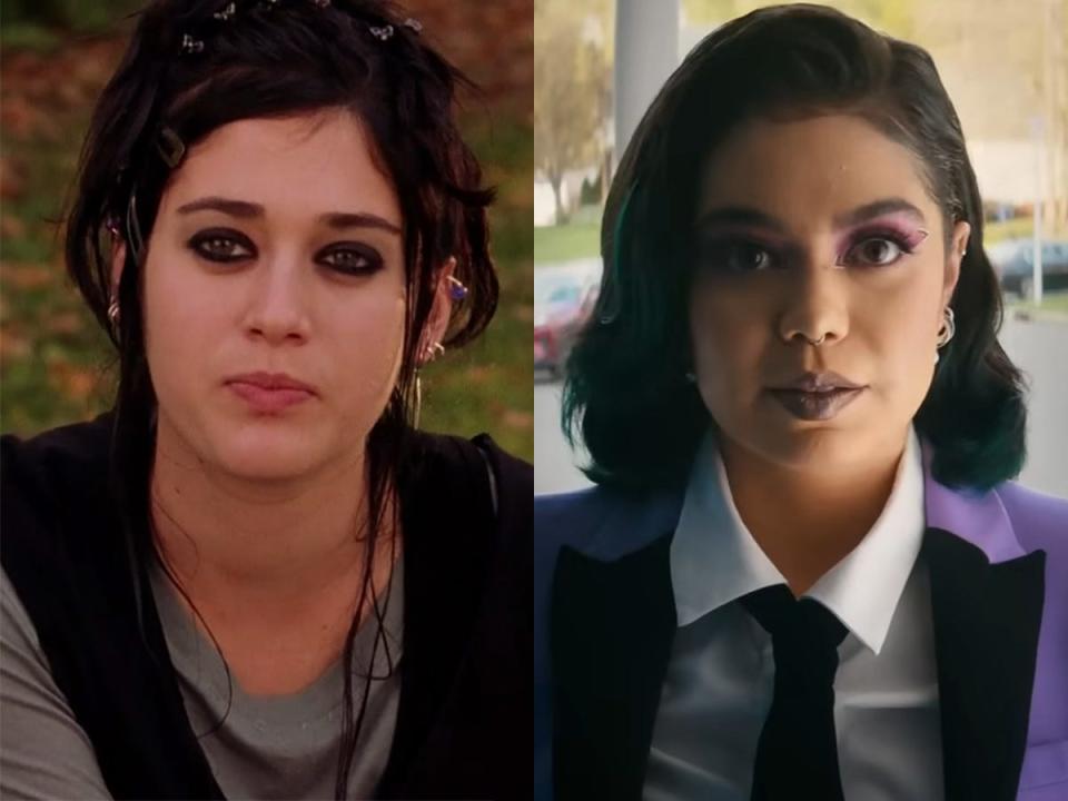 Left: Lizzy Caplan as Janis Ian in the 2004 version of "Mean Girls." Right: Auliʻi Cravalho as Janis 'Imi'ike in the 2024 version of "Mean Girls."