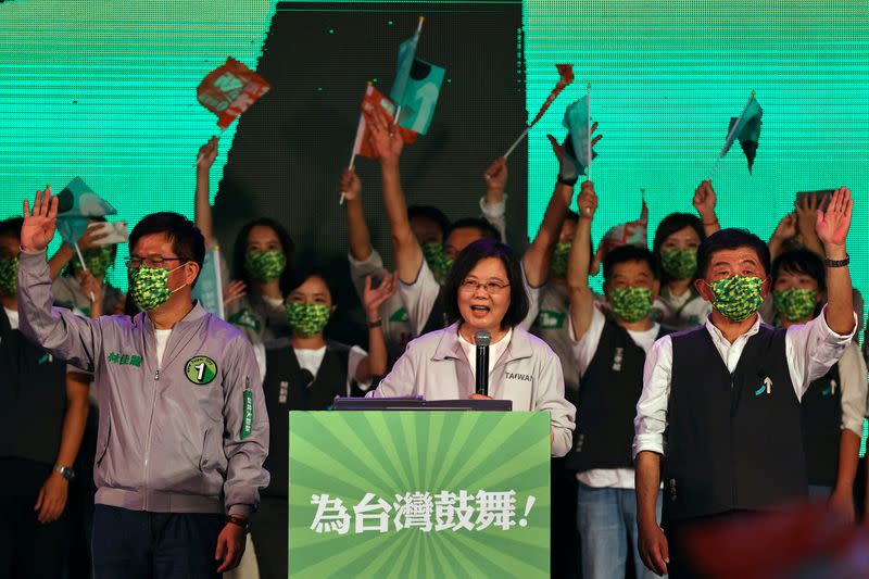 FILE PHOTO: Taiwan's President Tsai Ing-wen speaks at the pre-election campaign rally ahead of mayoral elections in Taipei,