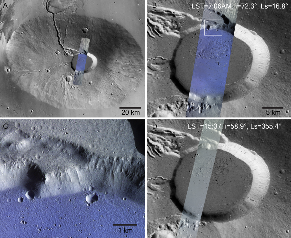 Frost on the caldera floor of the Ceraunius Tholus volcano.  The frames show (A) a view of Ceraunius Tholus from the Context Camera of NASA's Mars Reconnaissance Orbiter, with early morning observations made by CaSSIS superimposed on the blue-colored rectangle.  This rectangle is shown close-up in frame (B).  The white rectangle marking an even more zoomed-in image is shown in frame (C).  It shows pervasive frost on the caldera floor, but none on the caldera rim.  (D) shows a CaSSIS image of the same area, acquired at a different time of day, when no frost is present.  The icy areas appear blue because of the way CaSSIS constructs its images, using both near-infrared and visible channels.  It is a so-called 'NPB' image, for which the instrument's near-infrared (N), panchromatic (P) and blue (B) filters are combined.