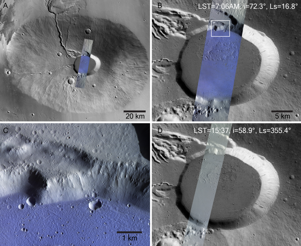 Frost on the caldera floor of the Ceraunius  Tholus volcano. The frames show (A) a view of Ceraunius Tholus  from NASA’s Mars Reconnaissance Orbiter’s Context Camera,  with early morning observations made by CaSSIS overlaid within  the blue-toned rectangle. This rectangle is shown close-up in  frame (B). The white rectangle marking out an even more  zoomed-in image is shown in frame (C). It shows ubiquitous frost  on the caldera floor, but none on the caldera rim. (D) shows a  CaSSIS image of the same region acquired at a different time of  day, when there is no frost present.   The frosty regions appear blue due to the way in which CaSSIS  constructs its images, using both near-infrared and visible  channels. It is a so-called ‘NPB’ image, for which the instrument's  near-infrared (N), panchromatic (P) and blue (B) filters are combined.