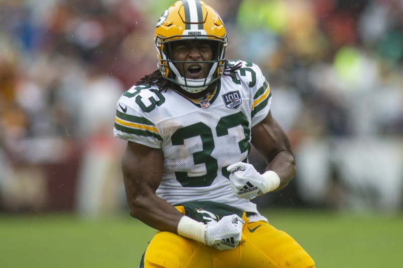 Running back Aaron Jones agreed to play for the Minnesota Vikings, an NFC North division rival of his former team, the Green Bay Packers. File Photo by Alex Edelman/UPI