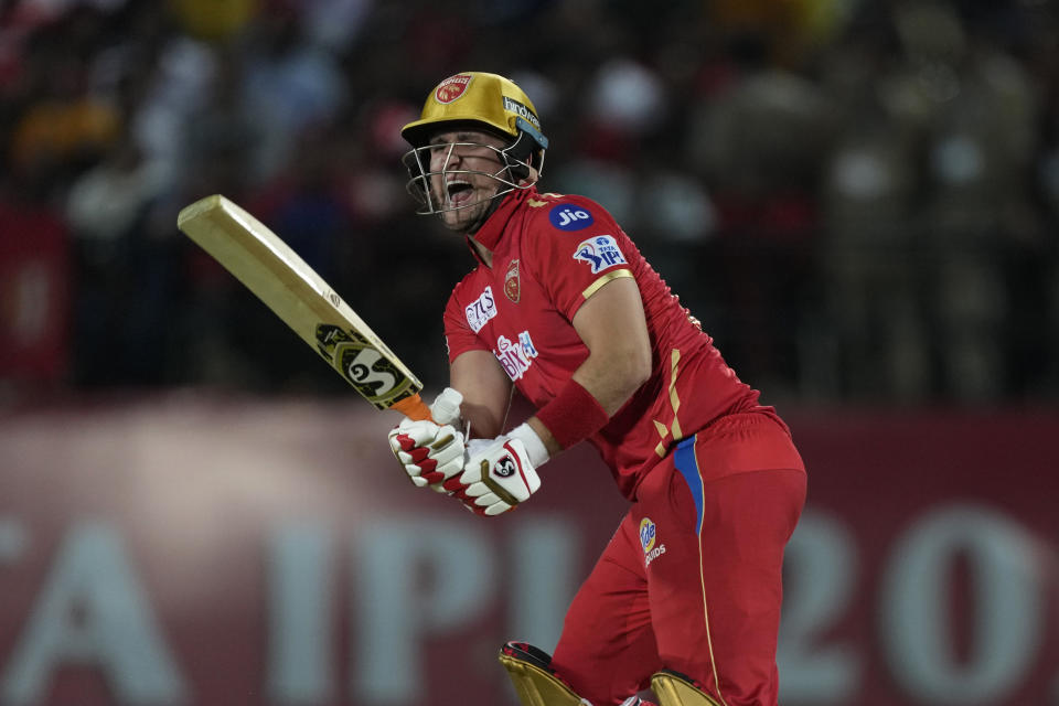 Punjab Kings' Liam Livingstone reacts after missing to play a shot during the Indian Premier League cricket match between Punjab Kings and Delhi Capitals in Dharamshala, India, Wednesday, May 17, 2023. (AP Photo/Ashwini Bhatia)