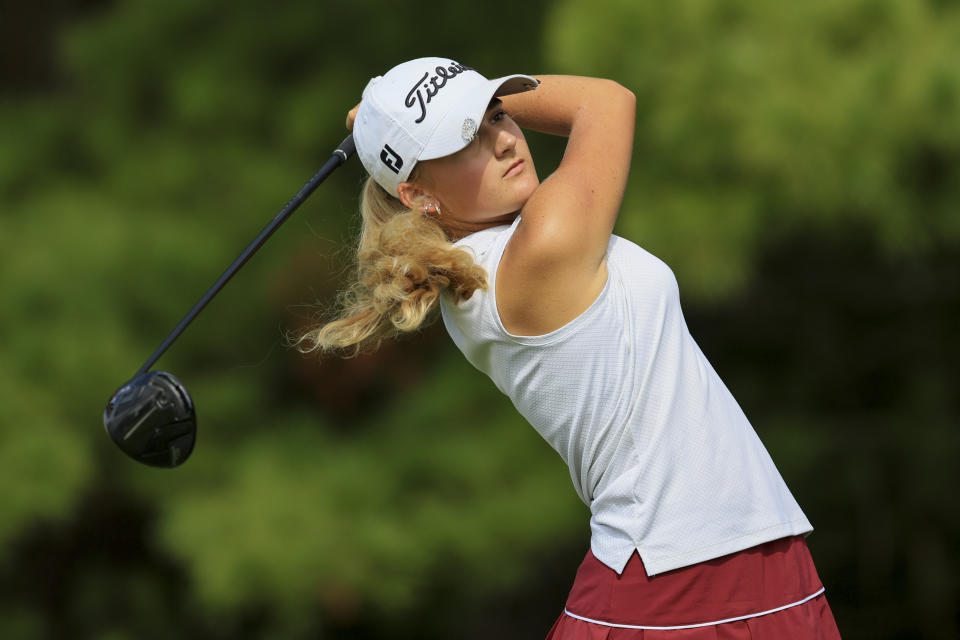 FILE - Gianna Clemente drives from the fifth tee during the second round of the LPGA Tour Kroger Queen City Championship golf tournament in Cincinnati, Friday, Sept. 9, 2022. The 15-year-old from Ohio has reached the final round of the Augusta National Women's Amateur at the home of the Masters. (AP Photo/Aaron Doster, FiIe)