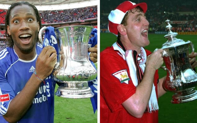 Chelsea's Didier Drogba and Manchester United's Steve Bruce lift the FA Cup after victories in the final in 2007 and 1994