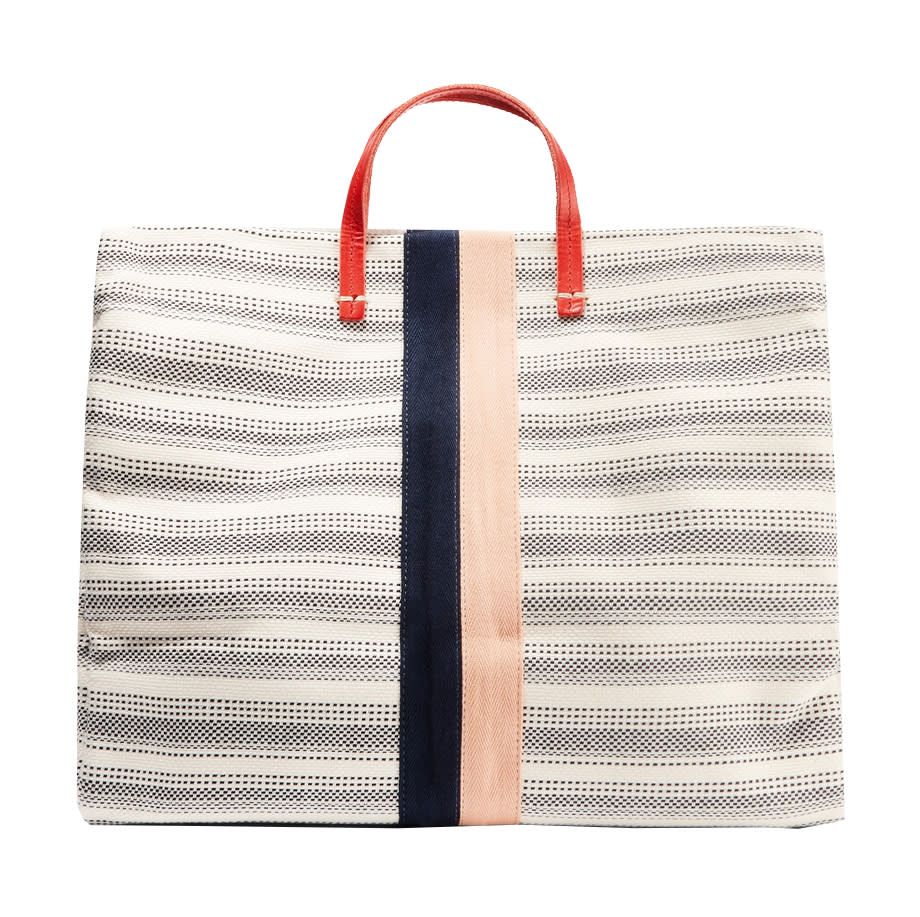 Leather-Trimmed Striped Canvas Tote