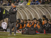 FC Cincinnati coach Pat Noonan watches play against CF Montreal during the first half of an MLS soccer match Saturday, April 13, 2024, in Montreal. (Peter McCabe/The Canadian Press via AP)