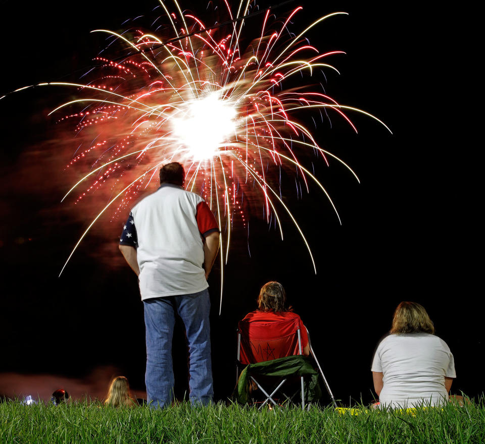 <p>People watch a fireworks display for Independence Day at Worlds of Fun amusement park Monday, July 3, 2017, in Kansas City, Mo. (Photo: Charlie Riedel/AP) </p>