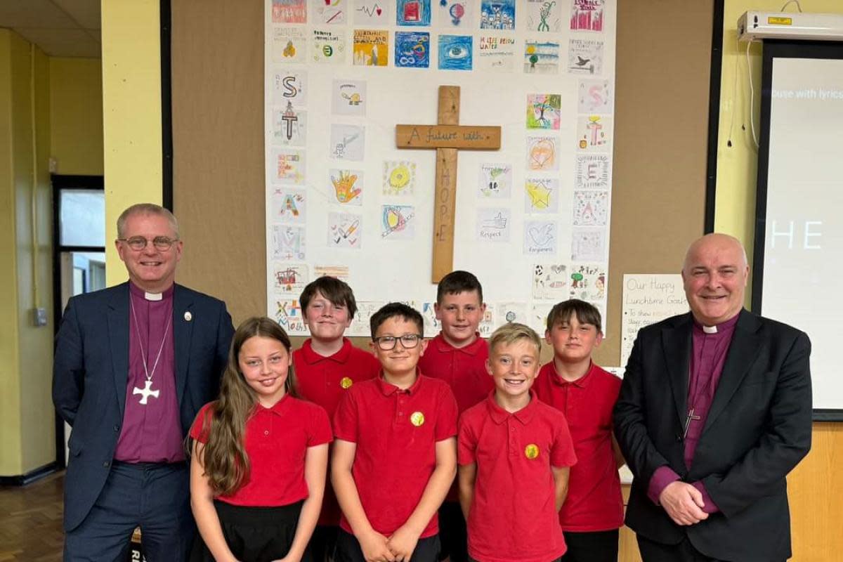 The Archbishop of York, Stephen Cottrell (right) and the Bishop of Chester, Mark Tanner (left) with pupil from St Chad's CE Primary School <i>(Image: Catherine Speed)</i>
