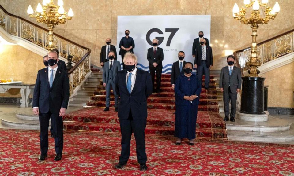 Britain’s prime minister, Boris Johnson, and foreign secretary, Dominic Raab, among delegates at the G7 foreign ministers’ meeting in London, 5 May