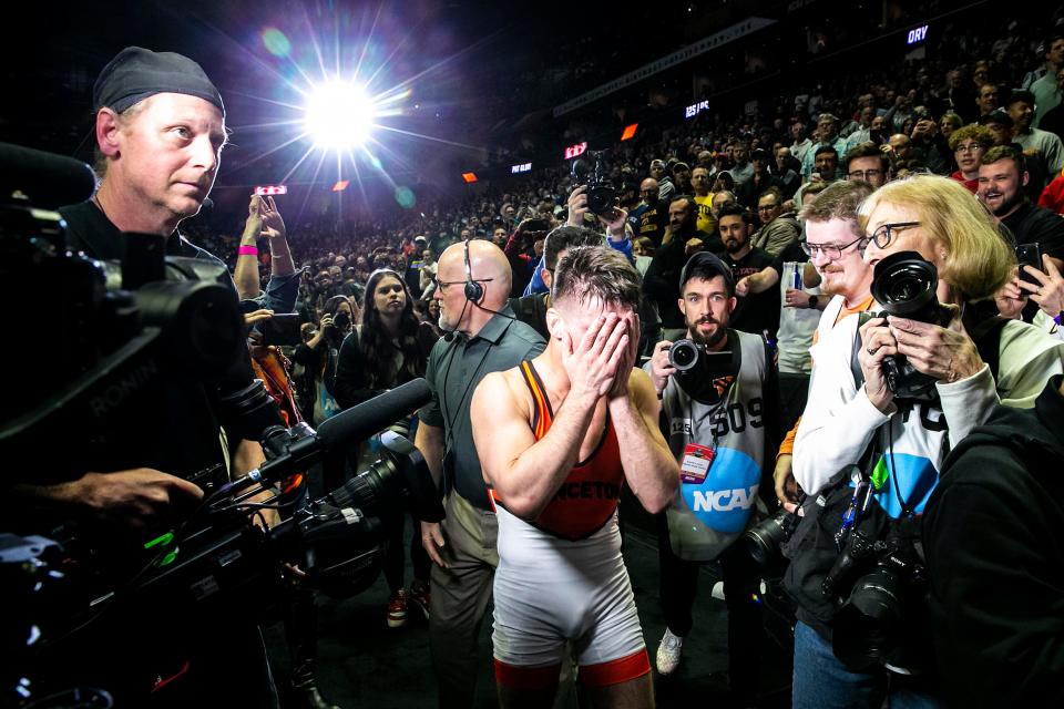 Princeton's Pat Glory celebrates after his match against Purdue's Matt Ramos at 125 pounds in the finals during the sixth session of the NCAA Division I Wrestling Championships, Saturday, March 18, 2023, at BOK Center in Tulsa, Okla.