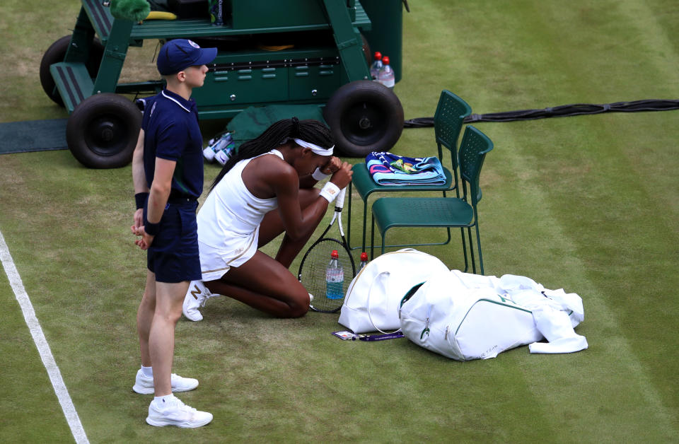 Cori Gauff celebrates victory over Venus Williams on day one of the Wimbledon Championships at the All England Lawn Tennis and Croquet Club, Wimbledon.