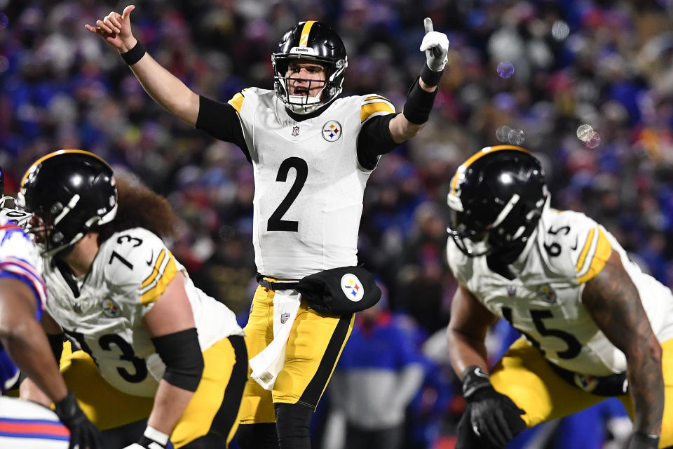 Pittsburgh Steelers quarterback Mason Rudolph (2) calls an audible at the line of scrimmage during the second quarter of an NFL wild-card playoff football game, Monday, Jan. 15, 2024, in Buffalo, N.Y. (AP Photo/Adrian Kraus)