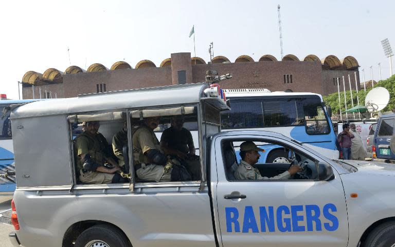 Pakistani Rangers arrive for a rehearsal of security arrangements for the Zimbabwe team outside the Gaddafi Cricket Stadium in Lahore on May 16, 2015