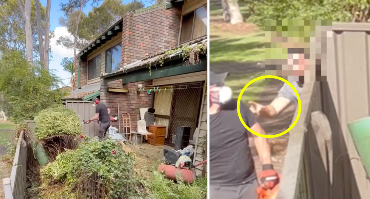 Left, gardener Nathan Stafford working on the home he was hired to tidy. Right, Nathan Stafford being confronted by the angry neughbour.