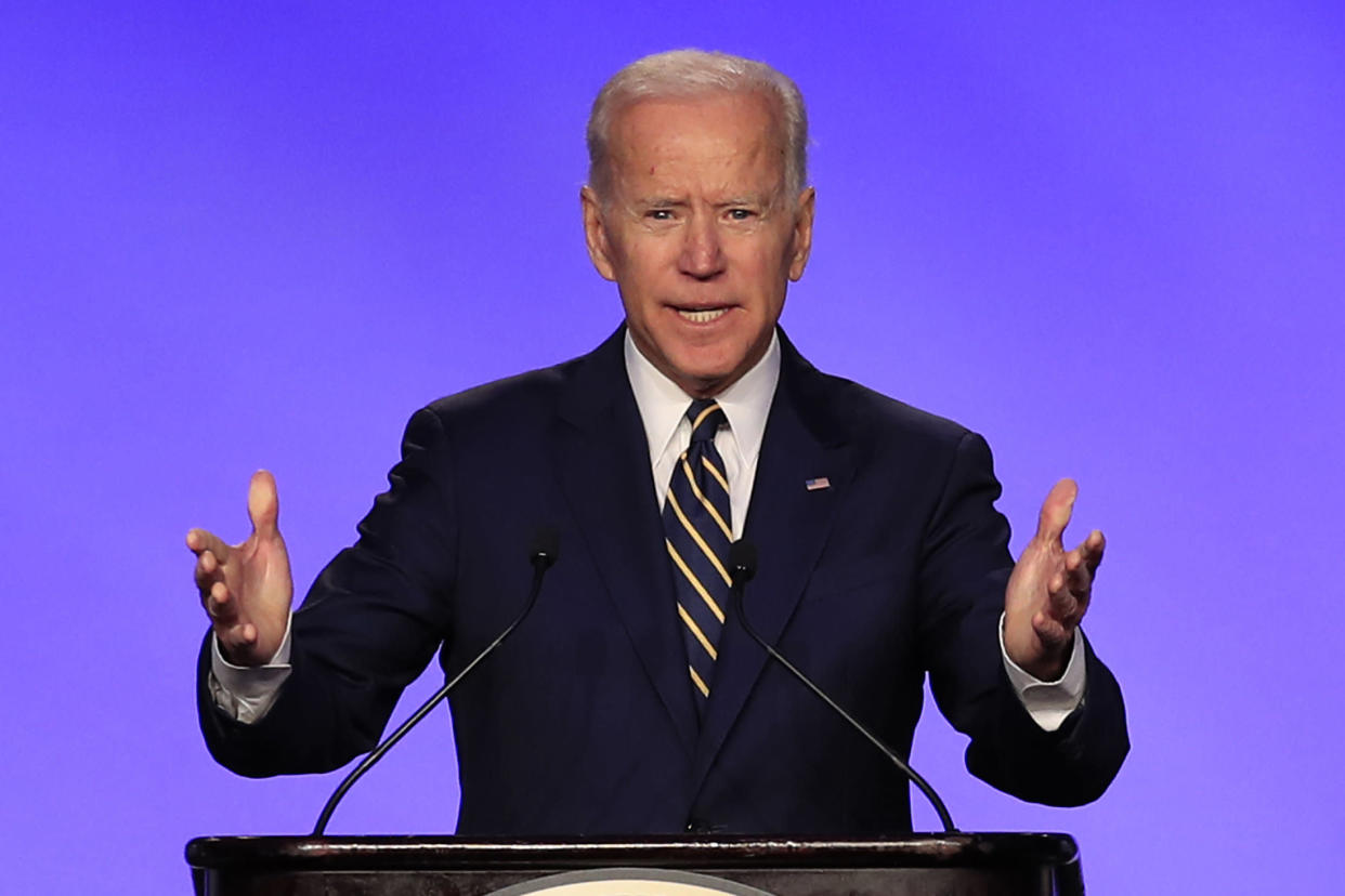 Former Vice President Joe Biden speaks at the International Brotherhood of Electrical Workers construction and maintenance conference in Washington, Friday, April 5, 2019. (Photo: Manuel Balce Ceneta/AP)