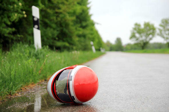 motorcycle helmet on a wet...