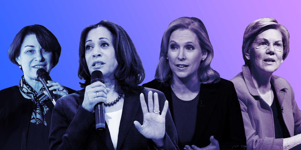 The leading women in contention for the 2020 Democratic nomination spoke out against the recent tide of abortion restrictions. (Photo: <a href="https://www.huffpost.com/entry/gender-pay-gap-2020-election-fundraising_n_5ca39905e4b0f2df866a0dbc" target="_blank">Photo Illustration: Isabella Carapella/Huffpost; Images: Getty</a>)