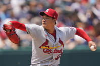 St. Louis Cardinals starting pitcher Kwang Hyun Kim delivers in the first inning of a baseball game against the Cleveland Indians, Wednesday, July 28, 2021, in Cleveland. (AP Photo/Tony Dejak)