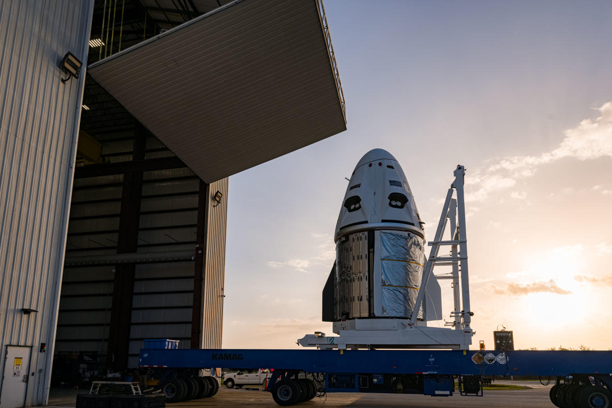  The SpaceX Dragon capsule Endeavour, which will fly the Crew-6 mission to the International Space Station, is seen here at Pad 39A at NASA's Kennedy Space Center in Florida. SpaceX posted this photo on Twitter on Feb. 19, 2023.  