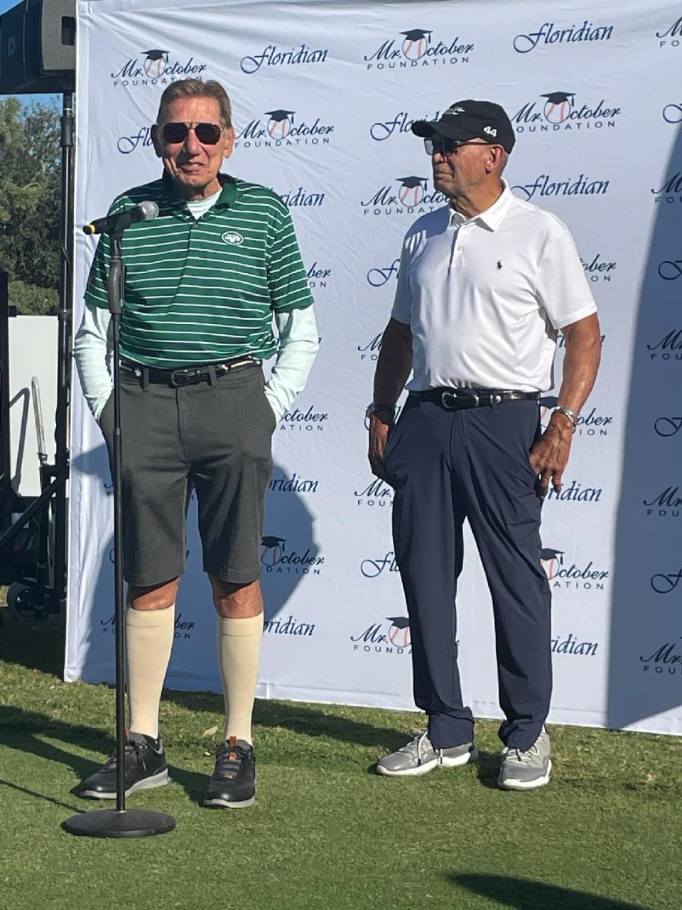 NFL Hall of Famer Joe Namatch (left) and MLB Hall of Famer Reggie Jackson (right) at the October Foundation Celebrity Golf Classic at the Floridian National Golf Club in Palm City on Monday, Jan. 23, 2023.