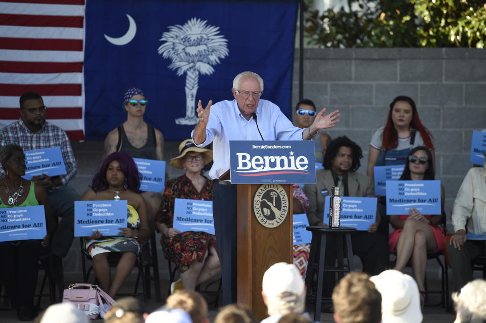Democratic presidential candidate Bernie Sanders addresses a Medicare for All town hall campaign event on Friday, Aug. 30, 2019, in Florence, S.C. (AP Photo/Meg Kinnard)