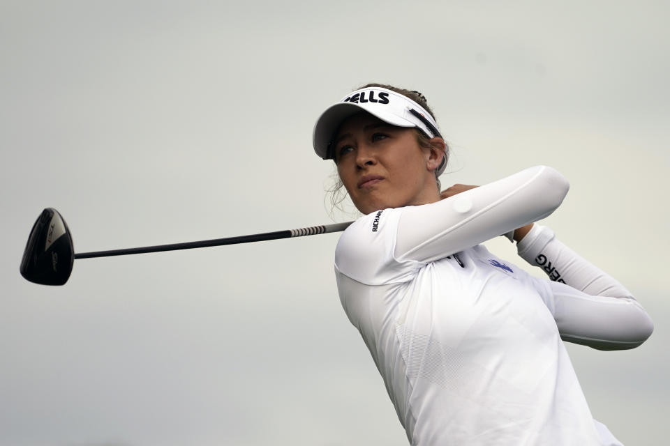 Nelly Korda hits off the 11th tee in the second round of the Cognizant Founders Cup LPGA golf tournament, Friday, Oct. 8, 2021, in West Caldwell, N.J. (AP Photo/John Minchillo)