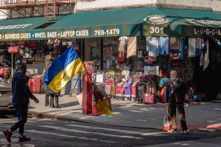 A Ukrainian flag hangs on the street corner in Brighton Beach, March 2022.