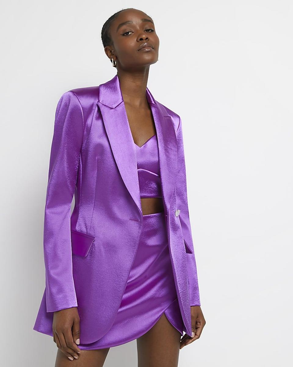 River Island Purple Satin Wrap Over Tailored Blazer