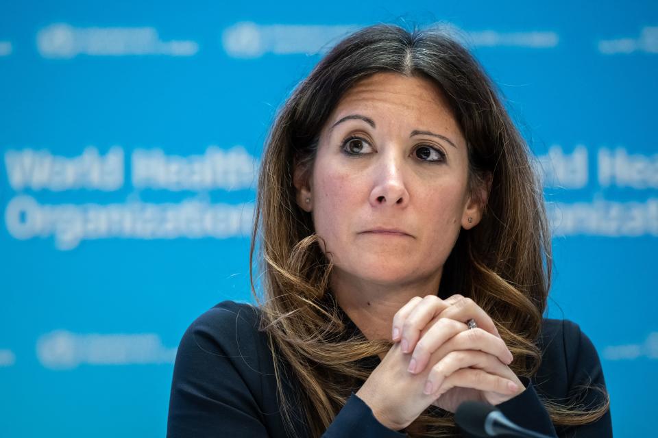 WHO's COVID-19 technical lead Maria Van Kerkhove looks on during a press conference at WHO's headquarters in Geneva on Dec. 14, 2022. 