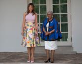 Melania Trump stood next to the wife of President Uhuru Kenyatta of the Republic of Kenya, Mrs. Margaret Kenyatta, as the FLOTUS welcomed the leaders to the White House with her husband. For the occassion, she wore a £3,100 Valentino skirt and four-inch Louboutin heels. This outfit choice was amusing to some, especially as part of the days activities included a spot of gardening on the White House lawn. [Photo: Rex]