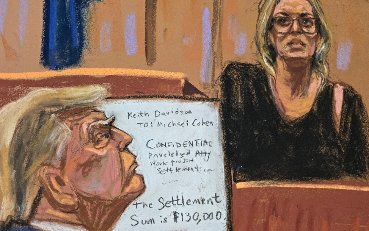 Mr Trump (shown in courtroom sketch, left) shook his head during testimony by Stormy Daniels (right), the judge in the case said