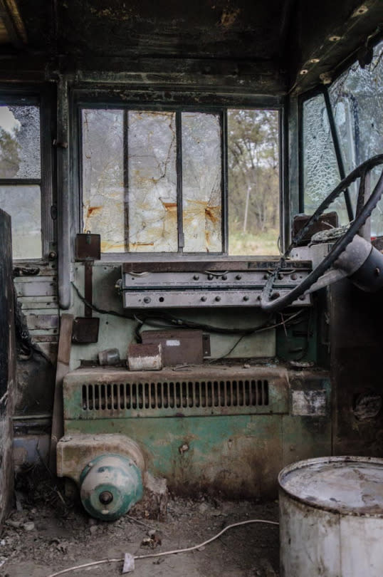 The inside of an abandoned school bus 