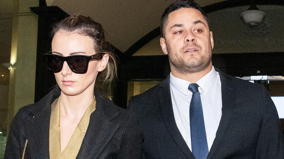 Jarryd Hayne and wife Amellia Bonnici, pictured here at Downing Centre District Court.