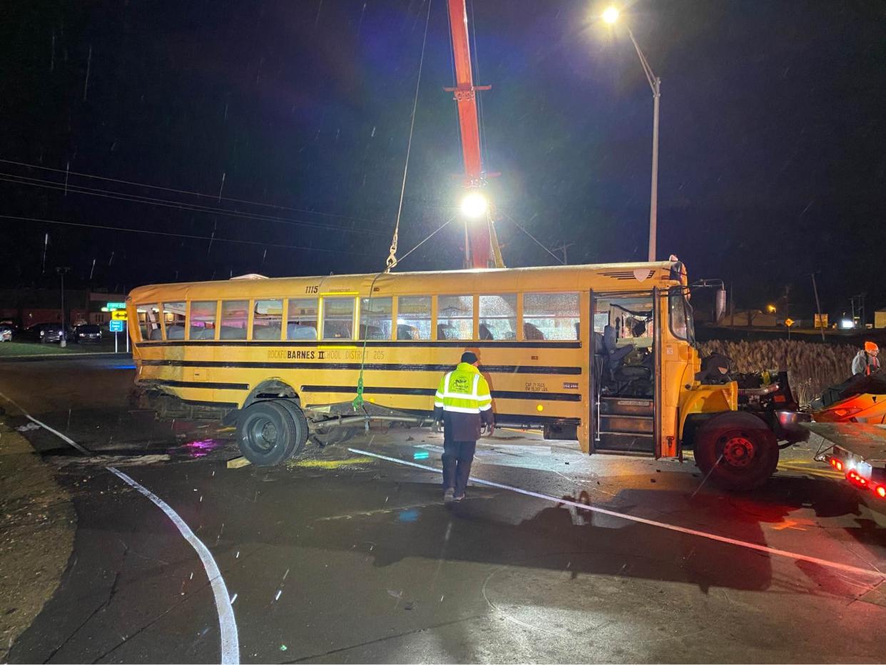 A school bus carrying students from St. Ignatius College Prep in Chicago was hit in Warsaw, according to police.