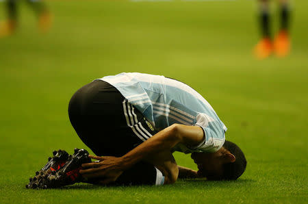 Soccer Football - 2018 World Cup Qualifications - South America - Argentina v Peru - La Bombonera stadium, Buenos Aires, Argentina - October 5, 2017. Angel Di Maria of Argentina reacts. REUTERS/Marcos Brindicci