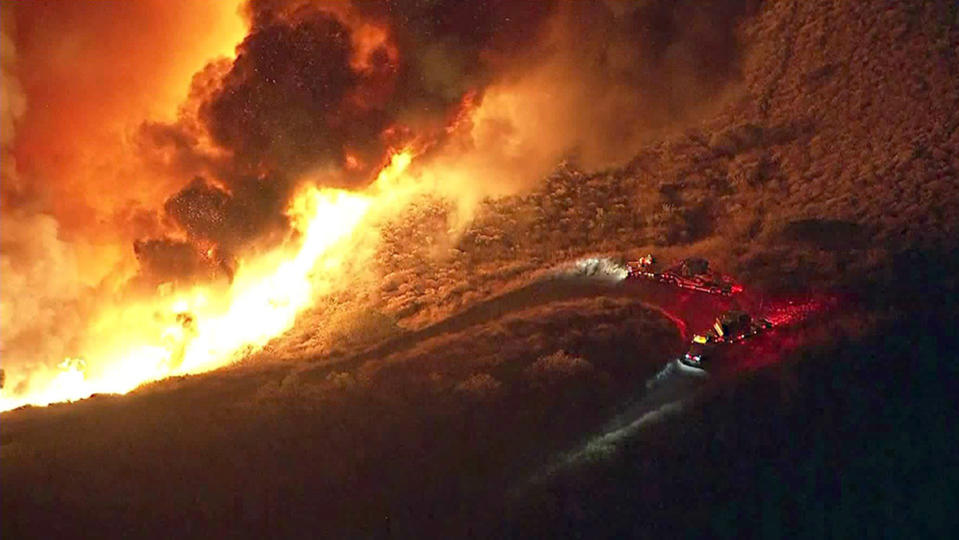 This photo from video provided by KTLA-TV shows shows the beginning of the Maria fire at an antenna farm atop South Mountain near Santa Paula, Calif., Thursday evening, Oct. 31, 2019. (KTLA-TV via AP)