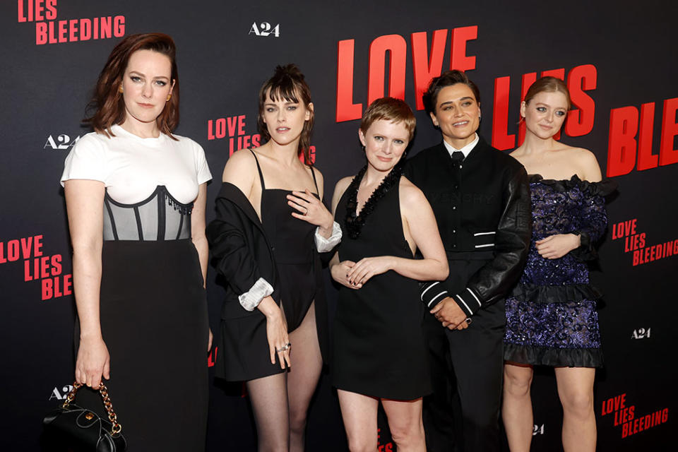 (L-R) Jena Malone, Kristen Stewart, Rose Glass, Katy O'Brian and Anna Baryshnikov attend the Los Angeles Premiere Of A24's "Love Lies Bleeding" at Fine Arts Theatre on March 05, 2024 in Beverly Hills, California.