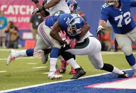 New York Giants running back David Wilson (22) scores a touchdown against the Philadelphia Eagles in the first quarter during the game at MetLife Stadium. Oct 6, 2013; East Rutherford, NJ, USA; Robert Deutsch-USA TODAY Sports