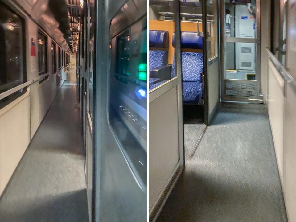 Corridors on the train lead to the author's room and seat.