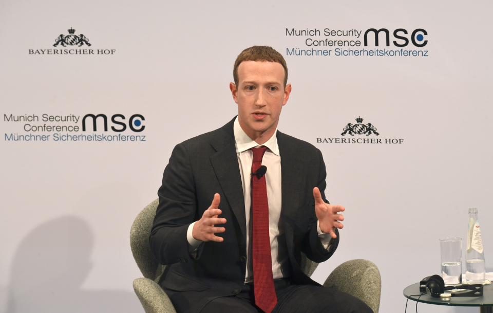 The founder and CEO of Facebook Mark Zuckerberg speaks during the 56th Munich Security Conference (MSC) in Munich, southern Germany, on February 15, 2020. - The 2020 edition of the Munich Security Conference (MSC) takes place from February 14 to 16, 2020. (Photo by Christof STACHE / AFP) (Photo by CHRISTOF STACHE/AFP via Getty Images)