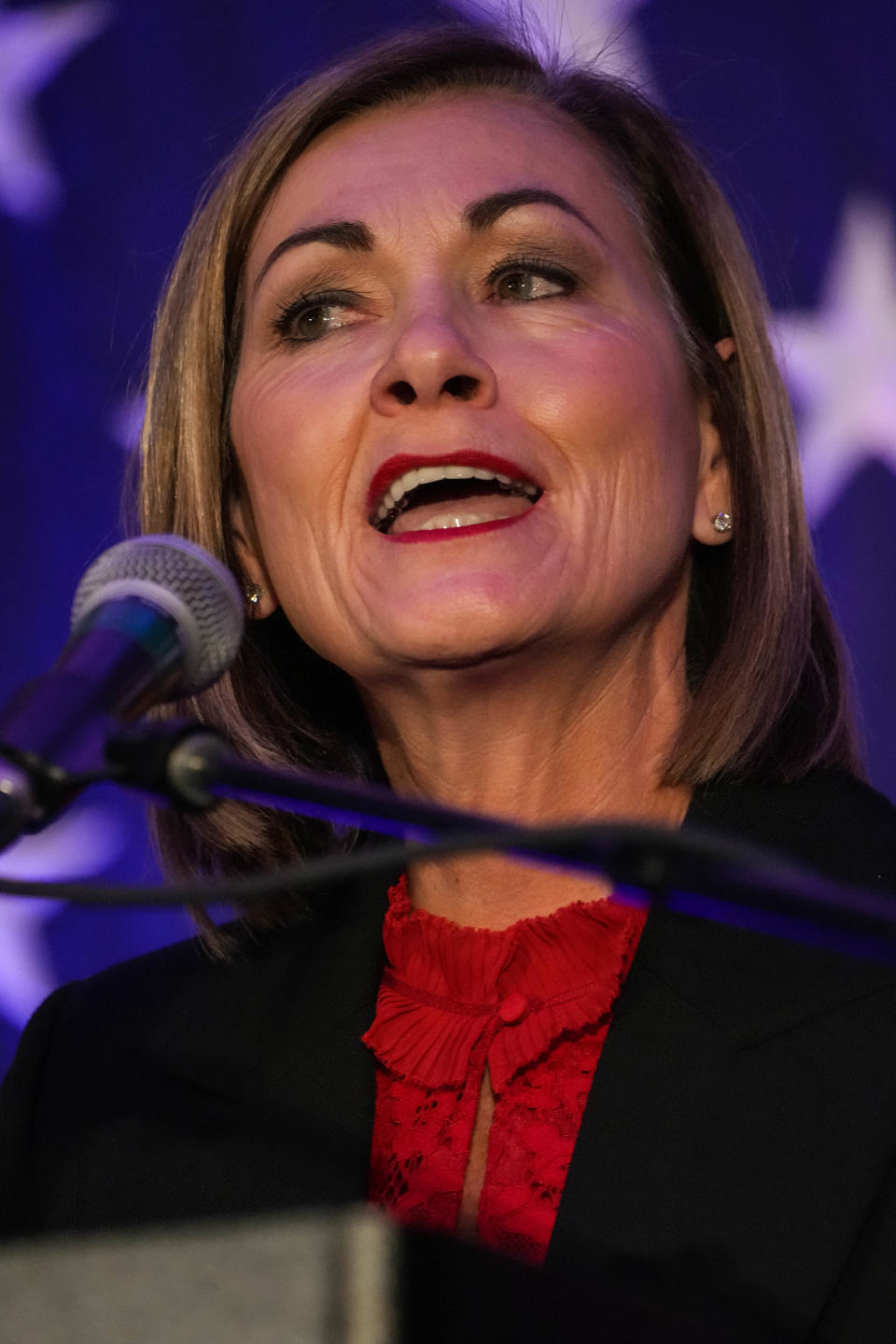 Iowa Gov. Kim Reynolds addresses her supporters during election night Tuesday, Nov. 8.