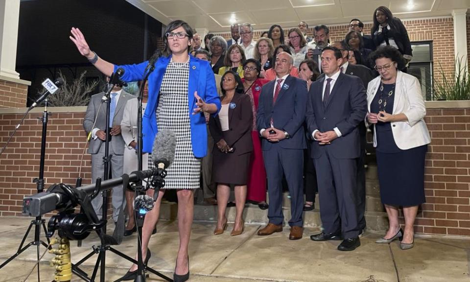 Texas state representative Jessica Gonzalez speaks during a news conference after house Democrats staged a walkout.