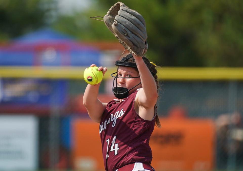 Mount Vernon's Jenna Sprague (14) pitches to a Saydel batter during the Class 3A semifinals at Harlan Rogers Sports Complex Wednesday, July 20, 2022 in Fort Dodge. 