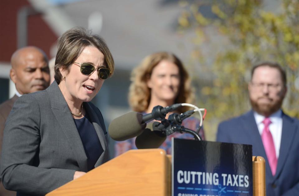 Gov. Maura Healey announced Monday there is state money set aside for 26 housing projects across Massachusetts, including in Oak Bluffs and Wellfleet. In the photo, Healey speaks on Oct. 25 after a tour of Yarmouth Gardens in West Yarmouth as part of her recent push for affordable housing.