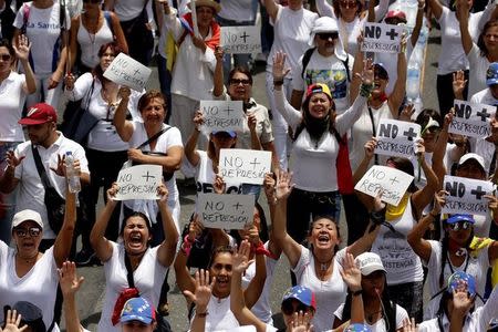 Demonstrators hold placards that read "No more repression" during a women's march to protest against President Nicolas Maduro's government in Caracas, Venezuela, May 6, 2017. REUTERS/Marco Bello